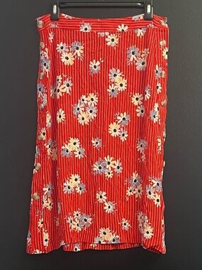 Madewell Red Floral Button-Side Midi Skirt